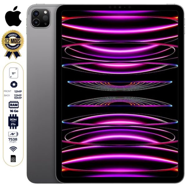 Apple iPad Pro 11'' (2022) - 2 To - 16 Go RAM - wifi + cellulaire - Apple M2 - 4e génération - 12 MP+10 MP/12 MP - 7538 mAh - Garantie 12 mois
