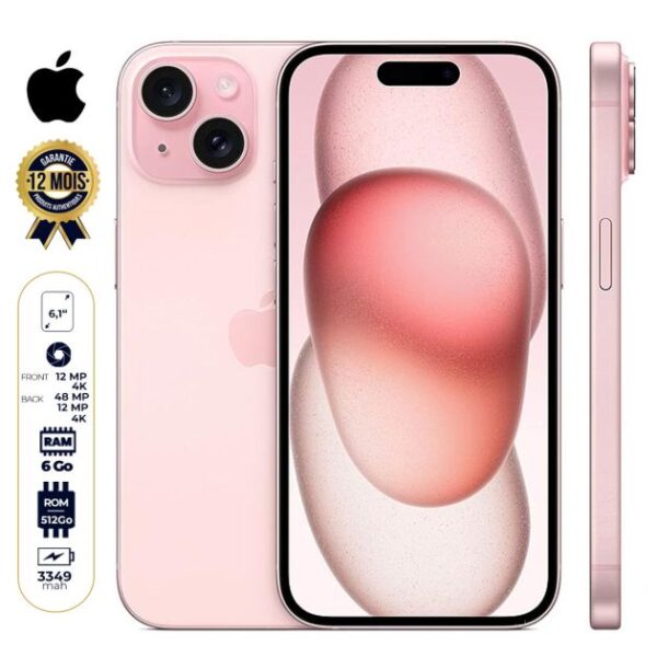 Apple iPhone 15 - 128Go - 6.1'' - 48MP+12MP - 3349mAh - 12 mois de garantie