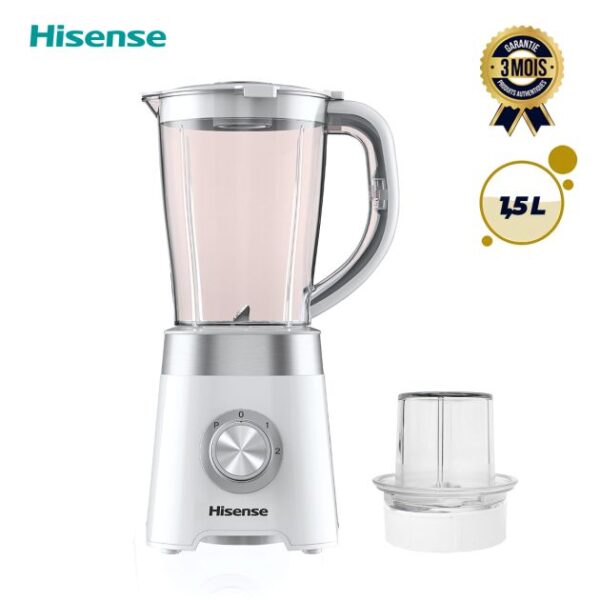 Blender - Mixeur - HISENSE - H15TBWES2A - 500 watts - Cuve plastique 1,5 litre et cuve sèche - 2 vitesses + pulse - Blanc - 3 mois