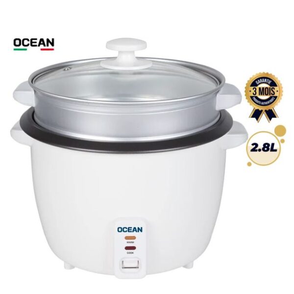 Cuiseur à Riz Électrique OCEAN 2,8L - OCRCR2810WG - 1000W - Cuve Antiadhésive - Couvercle Verre Trempé - Fonction Maintien au Chaud - Panier vapeur en aluminium - Blanc - Garantie 3 mois