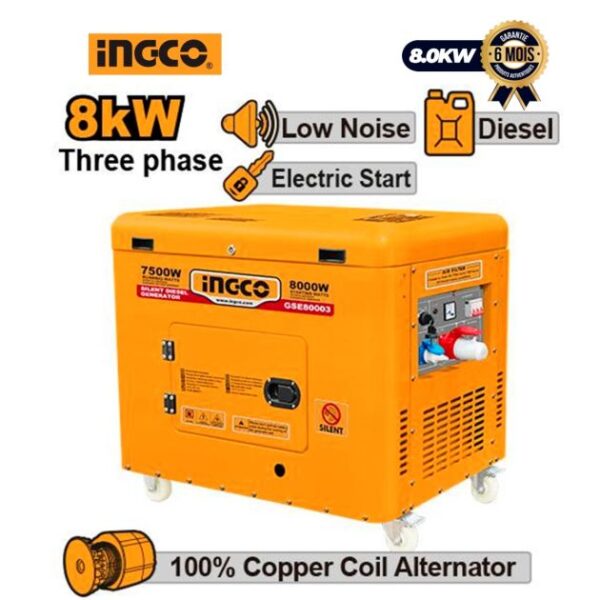 Silent Diesel Generator Set - INGCO - GSE800032 - 15.0HP - 8.0KW - Three-phase 415V - Electric Start - 25L Tank - 06 Months Warranty