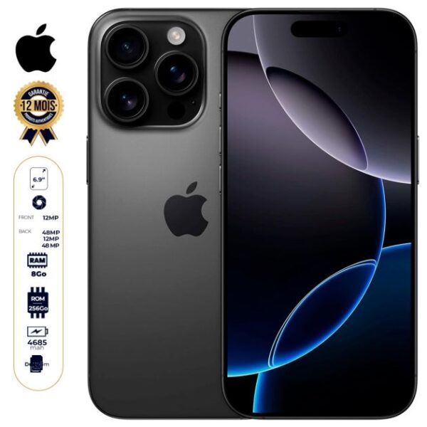 iPhone 16 Pro Max  - 256 Go - 8Go RAM - 6,9" - Apple A18 Pro - Nano-SIM + eSIM - 48MP+12MP+48MP/12MP - 4685 mAh - Garantie 12 mois