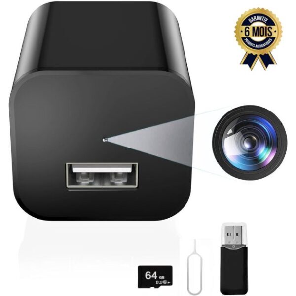 Mini Caméra Chargeur Espion DUVIX Full HD 1080P – Vision Nocturne IR 5m, Détection PIR, Enregistrement continu/détection, Wi-Fi, Carte microSD 64 Go incluse – Garantie 6 Mois