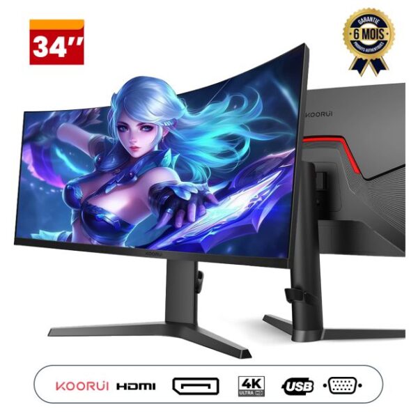 Moniteur Gaming incurvé 34" - KOORUI - 21:9 WQHD - 3440 * 1440 4K - 165Hz - AMD FreeSync Premium - Nvidia G-SYNC - Garantie 6 mois