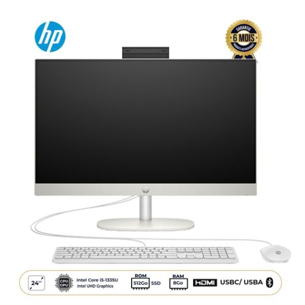 Ordinateur All-in-One HP - 24-cr - Écran 23.8" FHD - Intel Core i5-13420H - 8 Go RAM - 512 Go SSD - Intel UHD Graphics - Windows 11 Pro - Garantie 6 mois