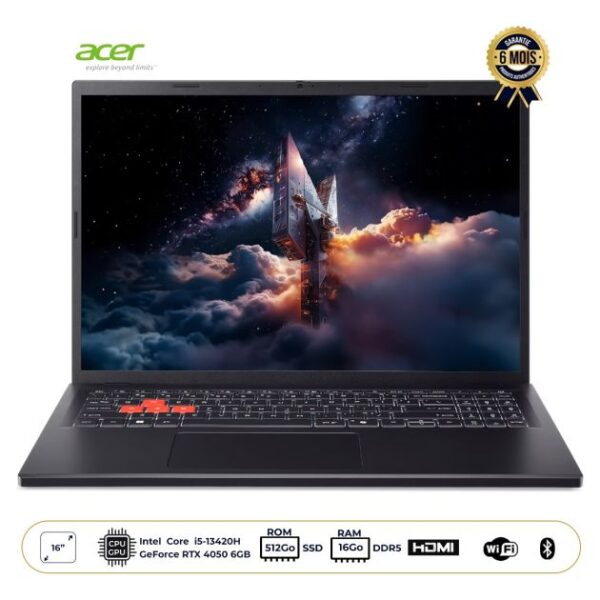 Ordinateur portable Gaming - Acer - Nitro Lite NL16-71G-56JH - Ecran 16" WUXGA 165Hz - Intel Core i5-13420H - 16 GB DDR5 - 512 GB SSD - NVIDIA RTX 4050 6GB - Garantie 6 mois
