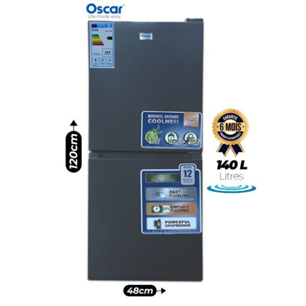 Réfrigérateur Combiné OSCAR 140 Litres – OSC-140R – Double Porte – Classe A+ (Économie d’Énergie) – Moteur puissant et silencieux – Gaz Écologique R600a – Gris foncé – Garantie 06 mois