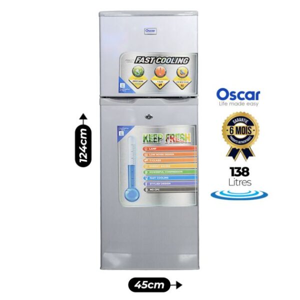 Réfrigérateur Double battants Oscar - OSC-R165S - 138 Litres - Economique en Energie (A) - Gris Claire - Garantie 06 mois