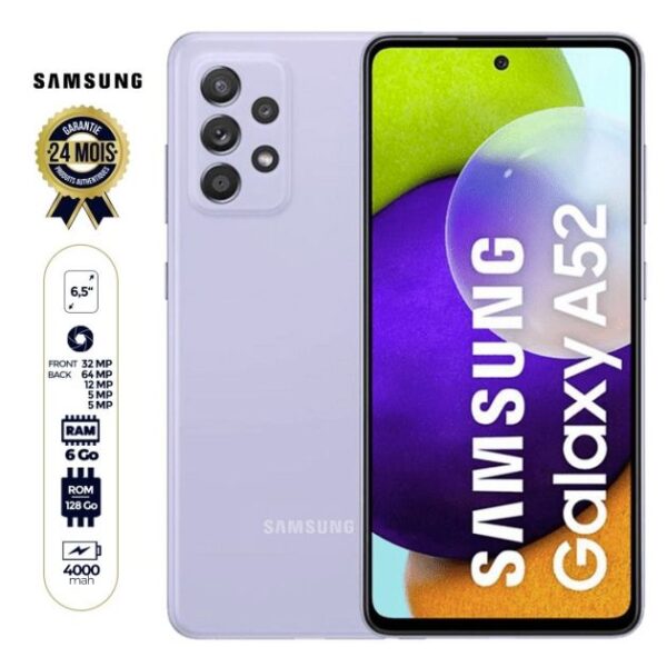 Samsung Galaxy A52 - 128 Go/6Go RAM - 6.5" - 2 Nano SIM - 64MP+12MP/32MP - 4000mAh - Garantie 24 Mois