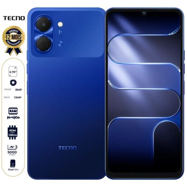 Tecno Pop 20 - 128 Go - 4Go + 4Go RAM Extensible - 6,75" - 5000mAh - 13MP/8MP - 2 Nano Sim - 4G - 12 Mois