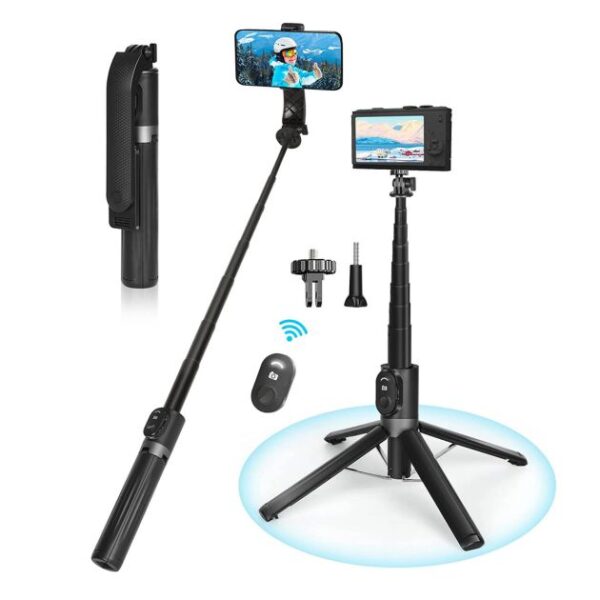 Trépied Selfie Stick - Eocean - 140cm Compatible iPhone/Téléphone Android - avec Télécommande Rechargeable et Kit de Connecteur d'Appareil Photo, Portable et Compact