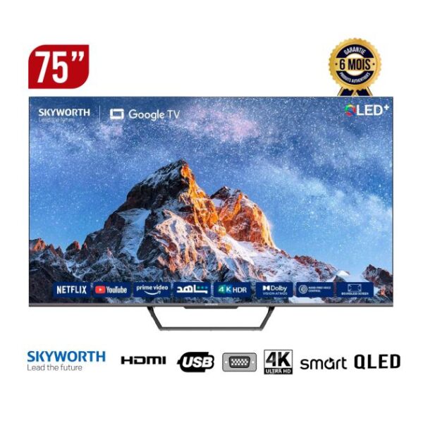 TV Smart - SKYWORTH - 75 Pouces - 75Q6500G - QLED - Google TV - Android TV - 4K HDR10+ Dolby HDR - DTS Virtual X - YouTube - Netflix - Freeview Play et Alexa intégrés - Bluetooth et WiFi - Garantie 6 Mois
