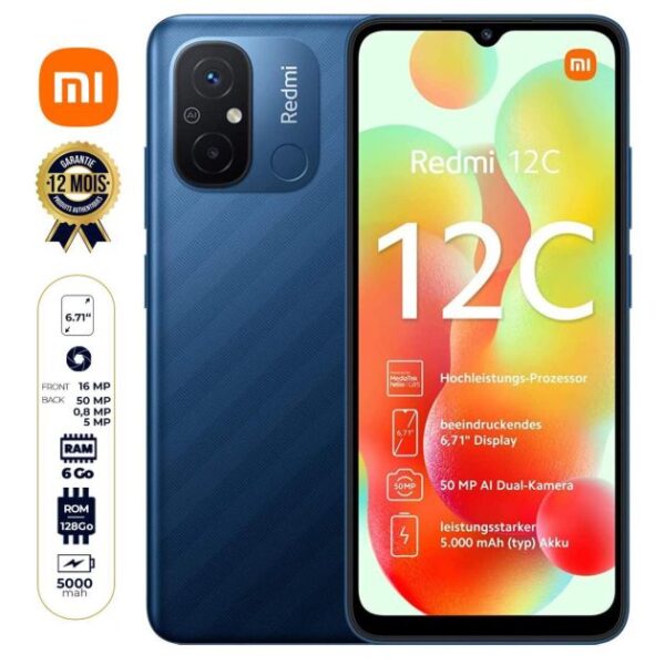 Xiaomi Redmi 12C - 128 Go/6Go RAM - 6.71" - Dual Nano Sim - 5000mAh - 50MP - Avec Empreinte Digitale - 12 Mois de garantie + Ecouteur Offert