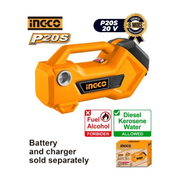 Pompe de transfert d'eau et diesel à amorçage - INGCO TPLI2001 - Sans Fil au lithium-ion P20S - 20 V - 6 Mois