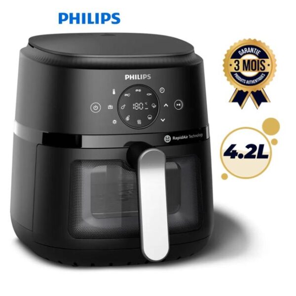 Airfryer Philips Série 2000 NA220/09 – 4,2L – 1500W – RapidAir – 13 Programmes – Cuisson Sans Huile – Écran Tactile avec Fenêtre de Cuisson – Noir – Garantie 3 mois - 6 mois de garantie