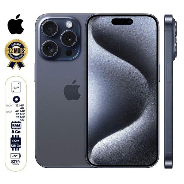 iPhone 15 Pro - 128 Go/8Go - 6,1" - Apple A17 Pro - Nano SIM physique et e-sim - 48 MP+12MP+12MP/12MP - 3274mAh - Garantie 12 mois