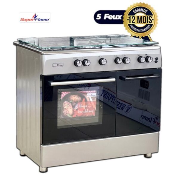 Cuisinière à Gaz 5 Feux Super Flame - 60x90 cm - Avec Porte Gaz - Modèle Professionnel - Gris - Garantie 12 Mois