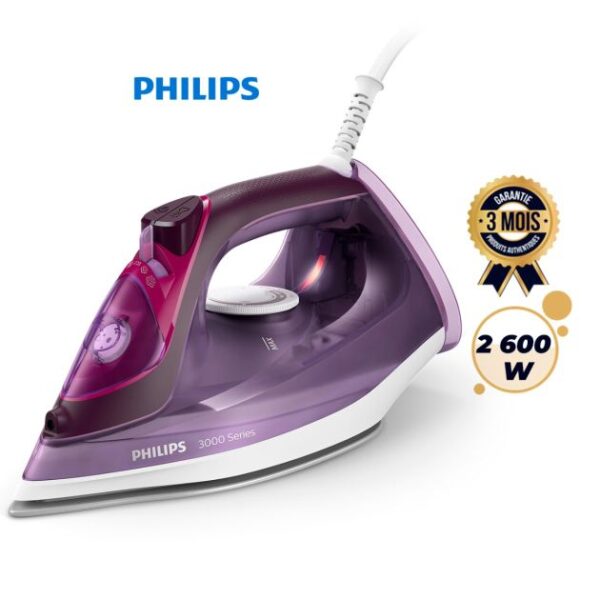 Fer à repasser Vapeur Philips Série 3000 DST3041/30 – 2 600 W – Semelle Céramique – Réservoir 300 ml – Anti-goutte – Effet Pressing 200 g, Défroissage vertical – Violet – Garantie 3 mois