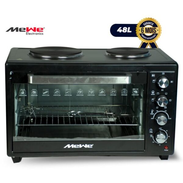 Four électrique MEWE 48 litres MW-OP48 - Avec rotisserie, grill et plaques de cuisson - 3400 W - Température 100° à 250° - Minuterie 120 min avec arrêt automatique - Accessoires Inox - Noir  - 6 mois