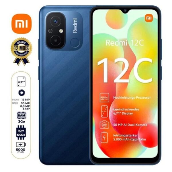 Xiaomi Redmi 12C - 64Go/3Go RAM - 6.71'' - 50MP - 5000mAh - 12 Mois