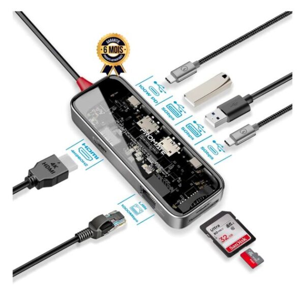 Hub de connexion - Promate TransHub-mini - 8 en 1 - Usb c, Micro SD, USB-C, RJ45, HDMI, CF, USB 3.0 - 100W - Garantie 6 mois