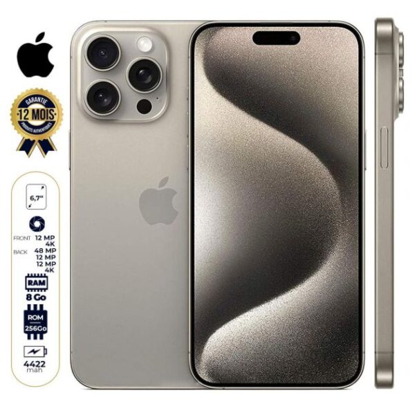 iPhone 15 Pro Max - 256 Go/8Go - 6,7" - Apple A17 Pro - Nano SIM physique et e-sim - 48 MP+12MP+12MP/12MP - 4422mAh - Version internationale - Garantie 12 mois