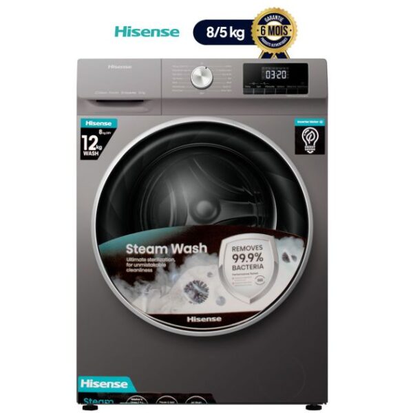Machine à Laver Automatique - HISENSE - Lavante 8kg/séchante 5 kg - WD3Q8043 - Argent - Garantie 6 mois
