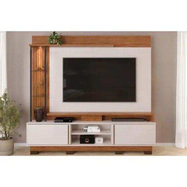 Meuble TV 70 Pouces Martino - Etagère de rangement - 2 Niches avec portes latérales coulissante - Blanc Cassé /Marron