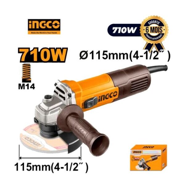 Type de produit : Meuleuse angulaire Marque : INGCO Modèle : AG7118 Tension : 220-240V~50/60Hz Puissance d'entrée : 710W Vitesse à vide : 12 000rpm Diamètre du disque : 115 mm Filetage de la broche : M14 Accessoire : 1 poignée auxiliaire incluse Disque non inclus Garantie : 6 Mois