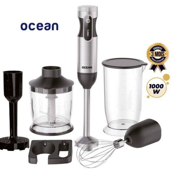 Profitez d’un mixeur plongeant OCEAN OCHB1005 6‑en‑1 pour réussir soupes, sauces et purées maison en toute simplicité. Avec son moteur puissant de 1000W, sa vitesse variable et ses accessoires complets (hachoir, fouet, presse‑purée, bol doseur), il garant