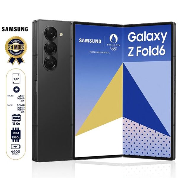 Samsung Galaxy Z Fold6 - 256 Go - 12Go RAM - Ecran AMOLED dynamique pliable 2X - 7.6" - 2 Nano SIM - 50MP+10MP+12MP/4MP+10MP - 4400mAh - Garantie 24 mois