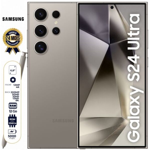 Samsung Galaxy S24 ULTRA 5G - 256 Go - 12Go RAM - 6.8" - 2 Nano-SIMs and eSIM - 200 MP + 50 MP + 10 MP + 12 MP/12MP - 5000mAh - Garantie 24 Mois
