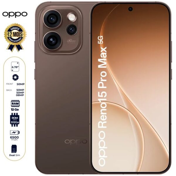 Oppo Reno15 Pro Max 5G - 512 Go - 12 Go RAM - 6.78" - 2 Nano SIM - 200MP + 50MP + 50MP/50MP - 6500mAh - Garantie 12 mois