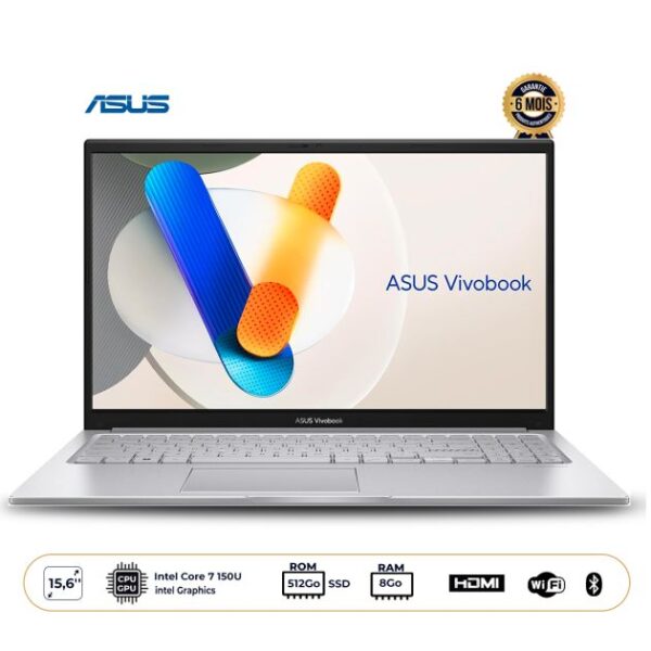 Ordinateur portable ASUS – Vivobook 15 1504VA – 8 Go RAM – SSD 512 Go - Écran FHD 15.6" – Intel Core 7 150U – – Batterie 75WHrs – FreeDos – Garantie 6 mois