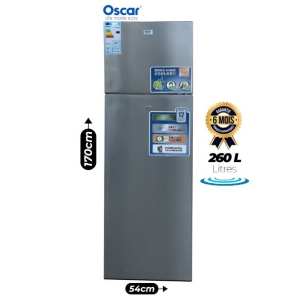 Réfrigérateur Combiné OSCAR 260 Litres – Double Porte – OSC‑260F – Classe A+ – Grande Capacité – Climats Tropicaux – Garantie 6 mois