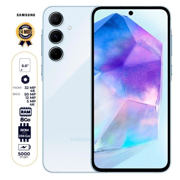 Samsung Galaxy A55 5G - 256 Go - 8Go RAM - 6.6" - Dual Nano SIM - 50MP+12MP+5MP 4k/32MP - 5000mAh - Garantie 24 Mois