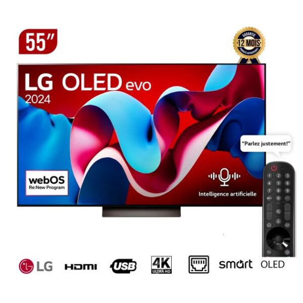 SMART TV LG - OLED EVO C4 4K- 55 POUCES - OLED55C46LA - Télécommande Magique IA - Dolby Vision - webOS24 2024 - Garantie 12 mois