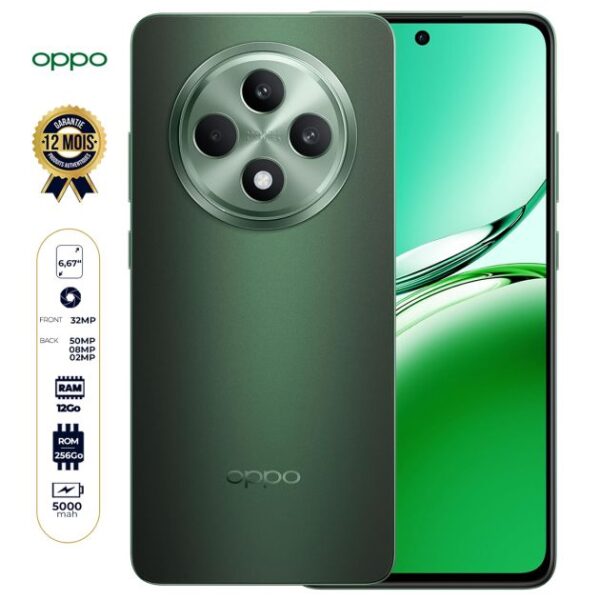 Oppo Reno12 F 5G - 256 Go - 12 Go RAM - 6,67" - 2 Nano SIM - 50MP + 8MP + 2 MP/32MP - 5000mAh - Empreinte digitale - Garantie 12 mois
